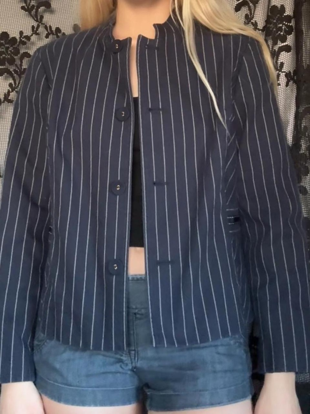 Navy Pinstripe Button-Up Jacket